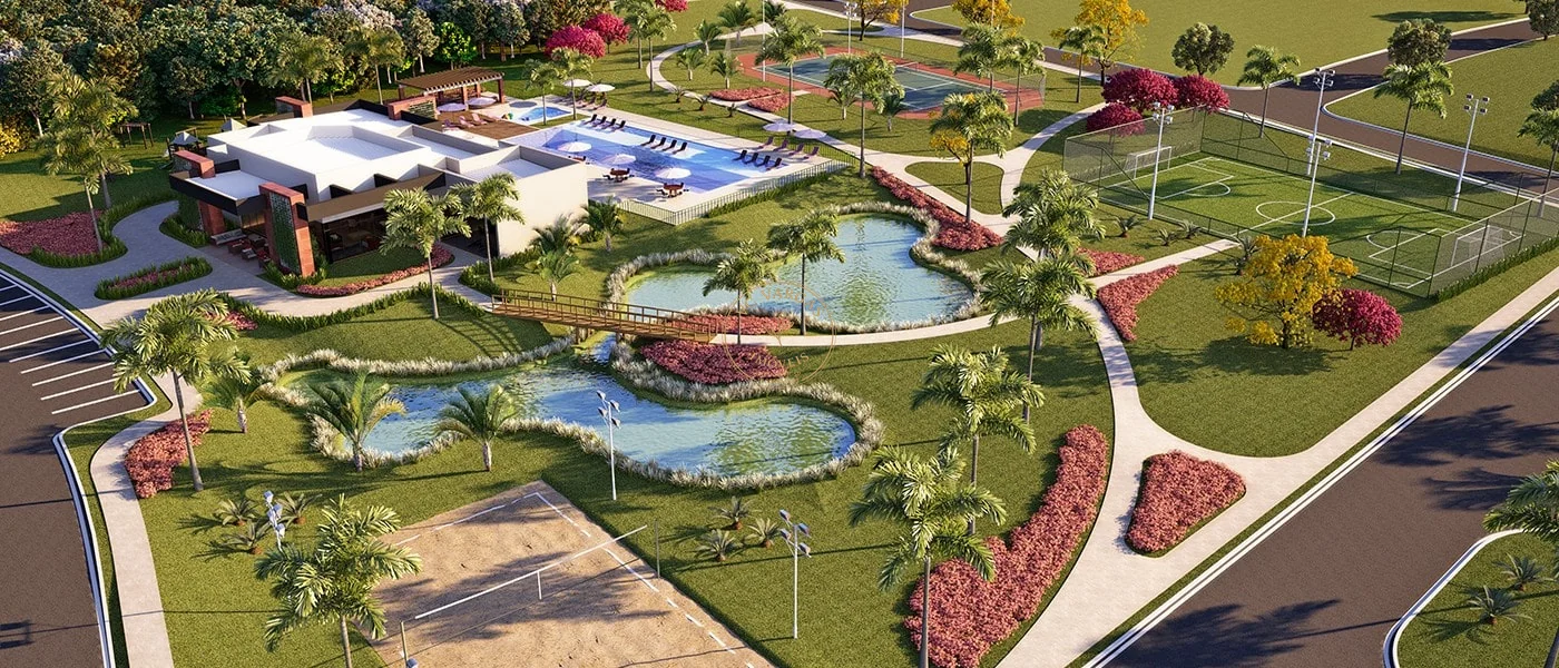 Perspectiva panorâmica da área de lazer do Village Damha Birigui